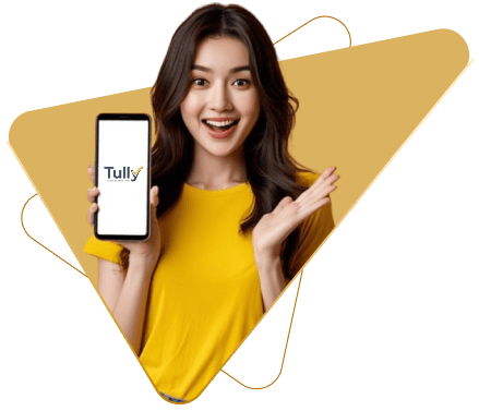 Happy student holding phone with Tully app